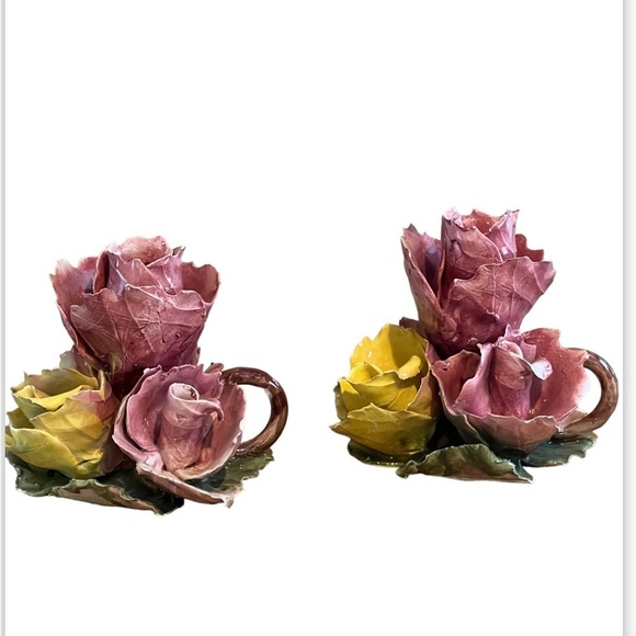 Vintage Pink Roses Pair Of Candle Stick Holders Italian Porcelain 5”T X 6”W - Picture 2 of 12